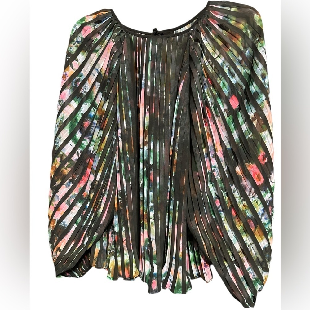 NWT Marie Oliver Black Stripe Jesse Ocean Tropical Silk Lurex Pleated Tie Blouse - Picture 4 of 6